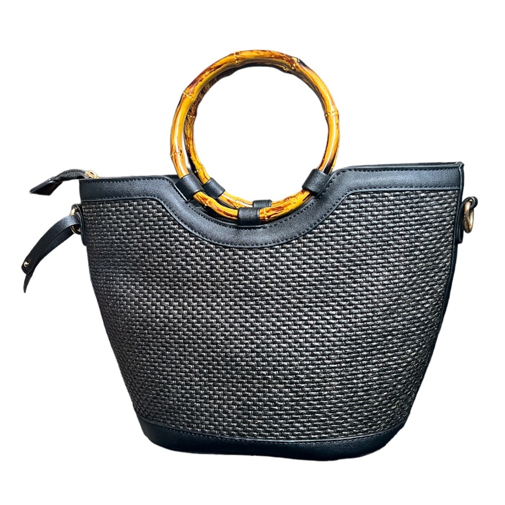 👜 Black Woven Bag with Bamboo Inspired Handles